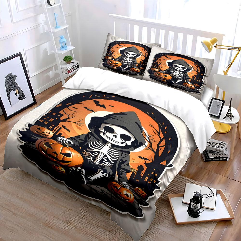 Halloween Skeleton Pumpkin Scene Bedding Duvet Cover Set Duvet Cover Pillowcases (1*Duvet Cover 2*Pillowcases, without duvet insert)