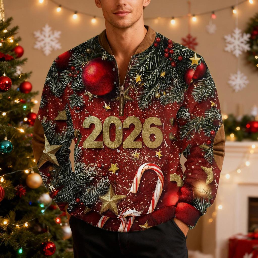 Mens Christmas Zip Up Sweatshirts Xmas Stand Collar Pullover Tops
