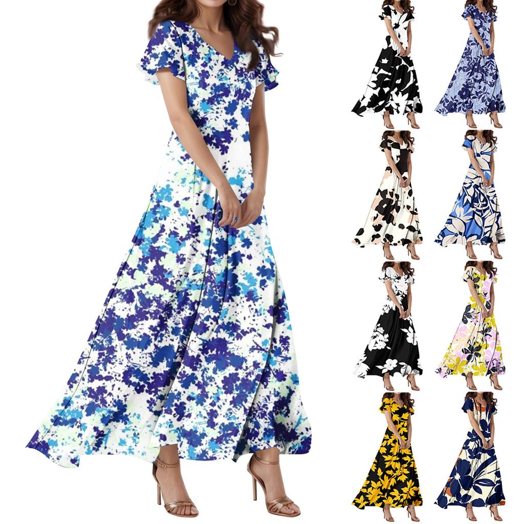 Lässiges Damenkleid mit V-Ausschnitt, kurzen Ärmeln und hoher Taille, Retro-Blumenblatt-Print