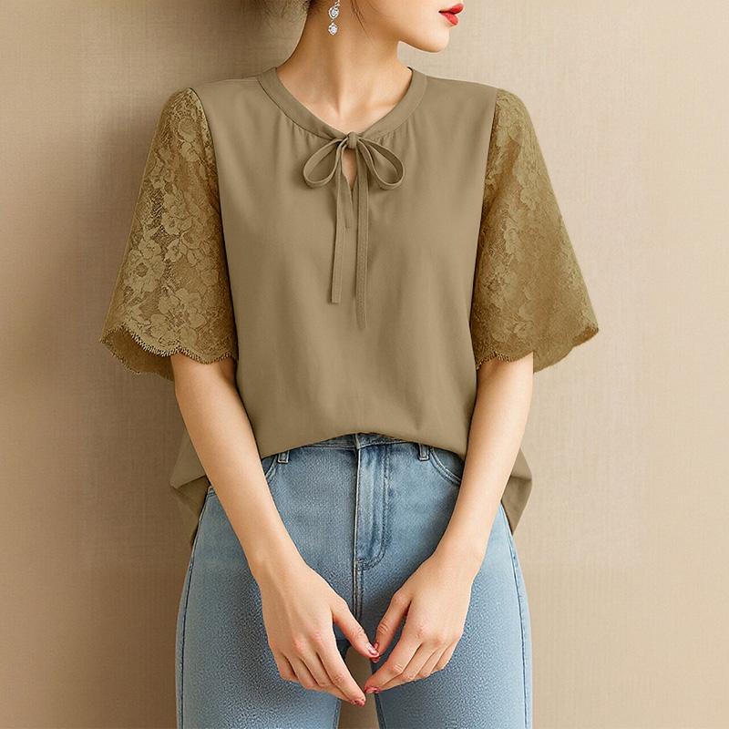 ZANZEA Women Casual Round Neck Lace Splice Short Sleeve Blouse