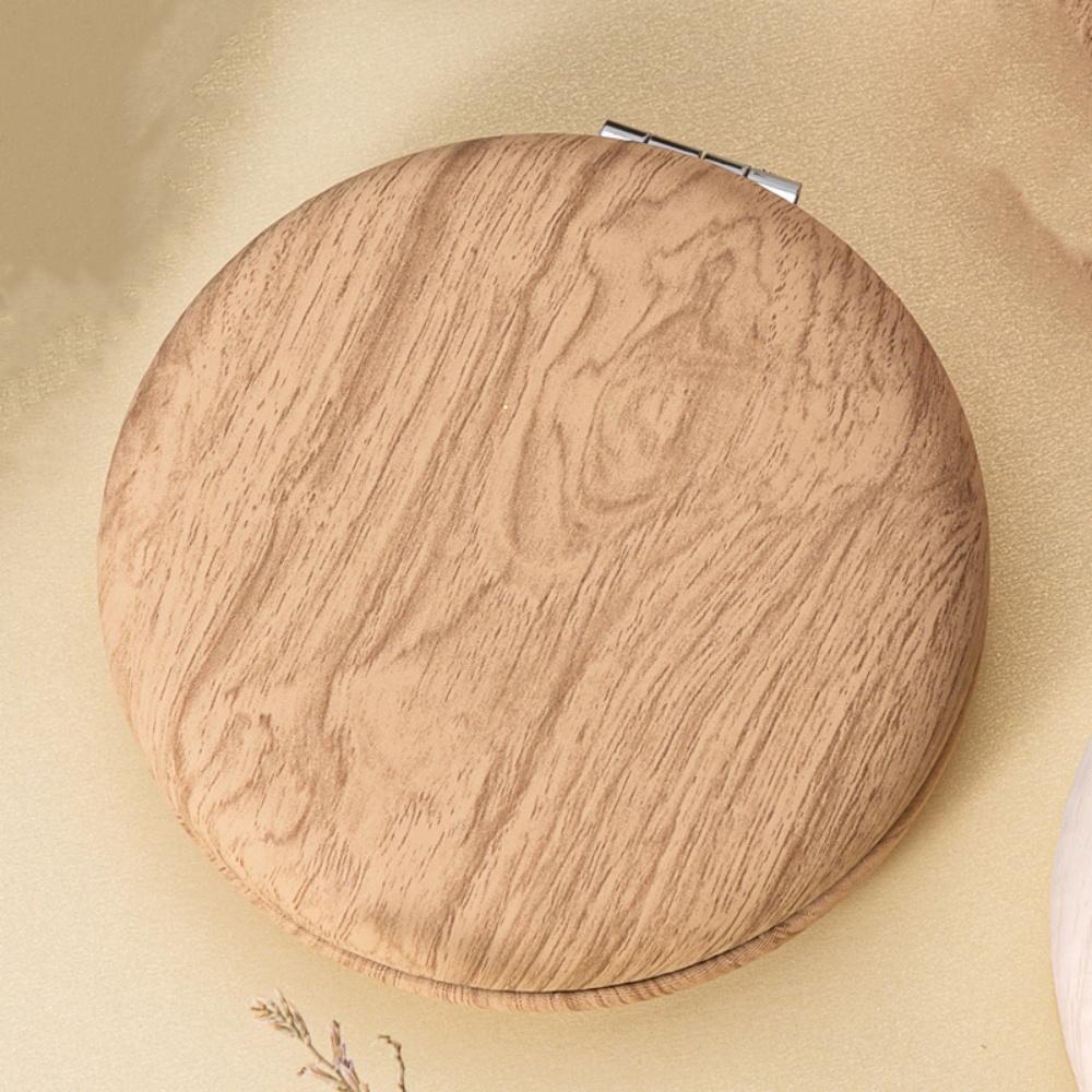 Pu Leather Pocket Mirror  Double Sided Cosmetic Mirror Wood Grain Makeup Mirror Compact For Handbag Girls Travel
