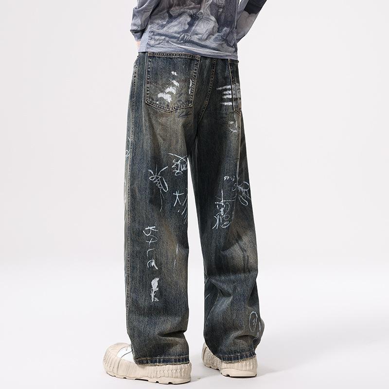 American Graffiti Printed Jeans Men's Loose Straight Wide-leg Pants