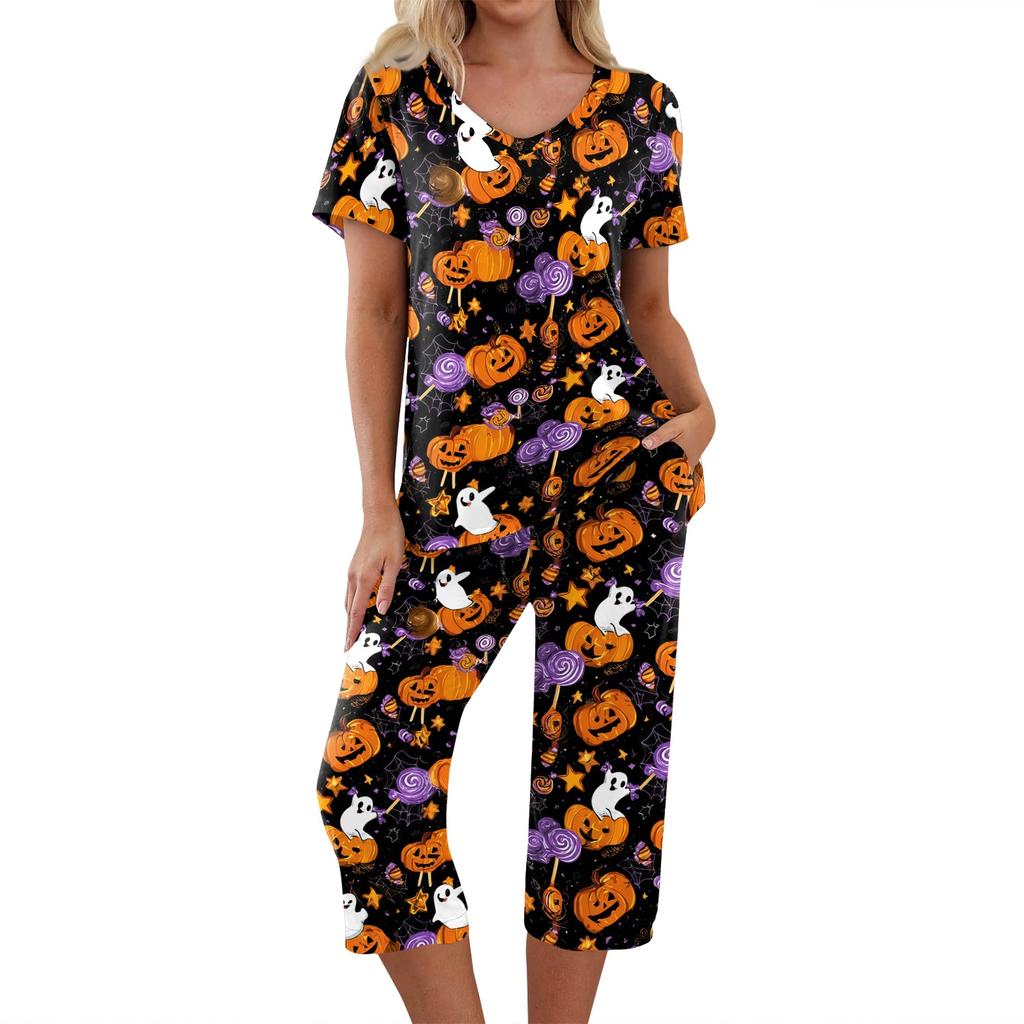 Women's Halloween Two Piece Outfit - Short Sleeve Top and Pants Set with Fun Print, Casual Wear for Halloween Party and Everyday