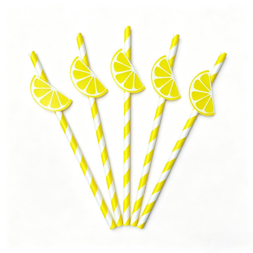 Degradable Paper Straws For Parties With Lemon Pattern For Cake Drinks And Cocktails