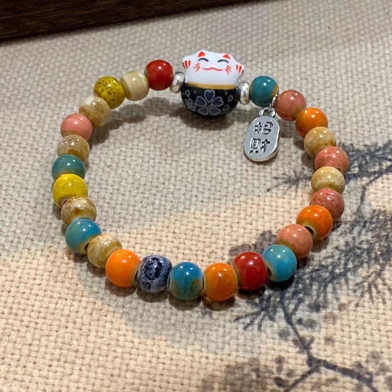 Bracelet Chat Porte-Bonheur Dessin Animé Mignon Pour Femmes Filles Bracelets Élastiques Colorés à Perles Breloques Chat en Céramique Bijoux Cadeaux