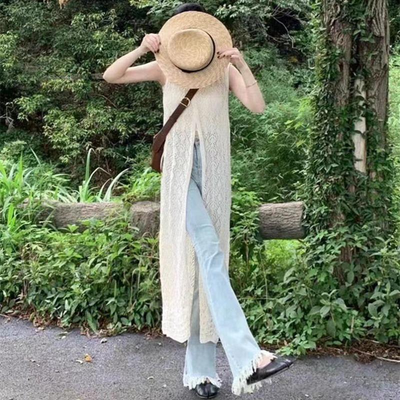 Fashion Knitted Cardigan Sleeveless Lace Dress Retro Hollow Out Sun Protection Women Cross Covers Up Summer Elegant Top Thin Korean Shirt Clothing