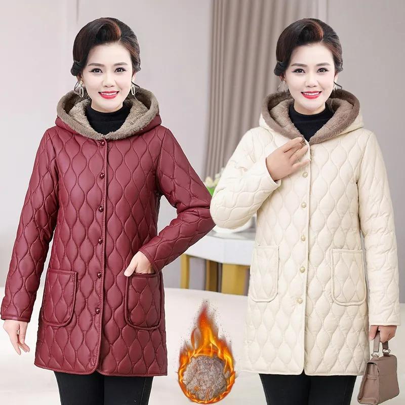 Mother's Mid-length Padded Jacket Winter Western Style Plus Velvet Thick Hooded Padded Jacket Fashion Middle-aged Jacket Padded Jacket