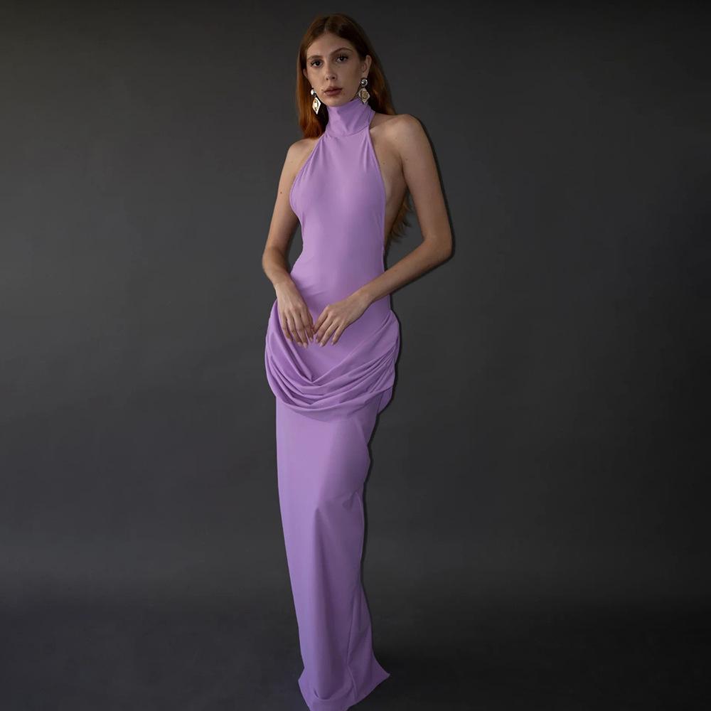 

2026 Spring Fashion: Chic High Neck, Backless Pleated Dress with Color Blocking Design Medium фіолетовий