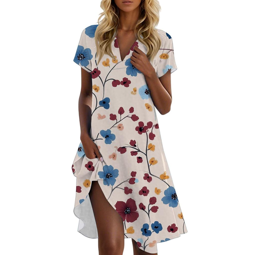Women's Casual Fashion Stand Collar Floral Print Short Sleeve Dress