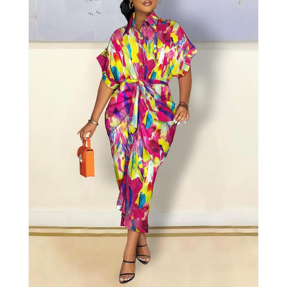 

IHUASU Autumn Long Sleeve V-neck Button-up Print Shirt Dress Long Skirt Women XXL