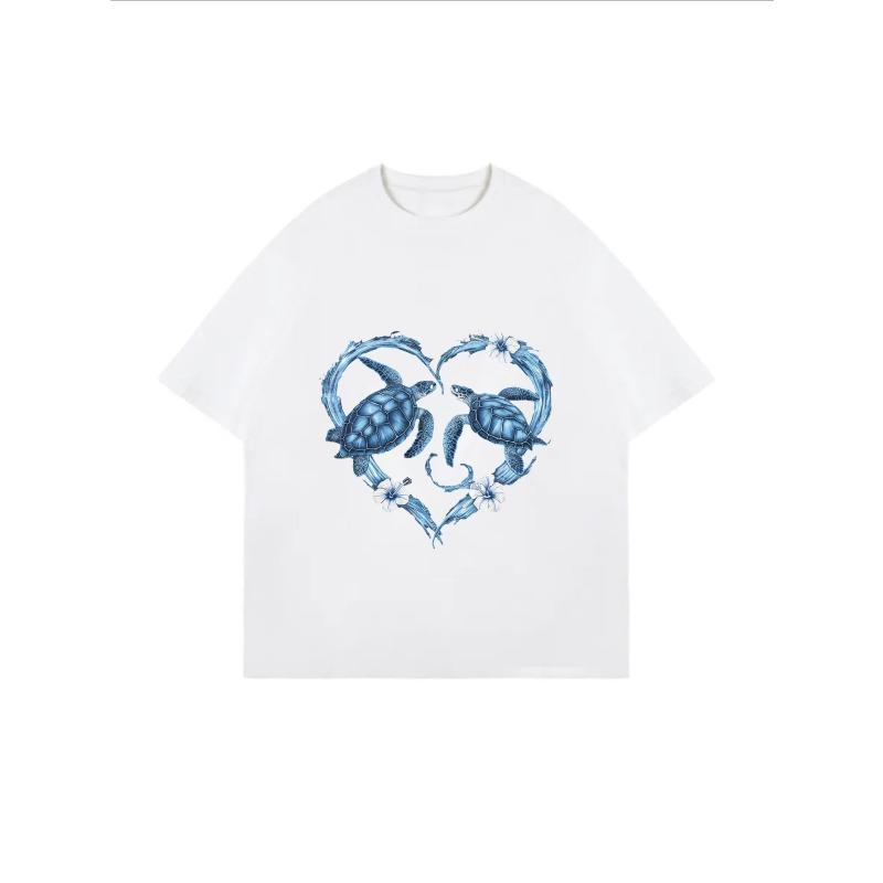 Women Casual Loose T Shirt White Turtle Heart Print Summer Top For Beach And Daily Wear