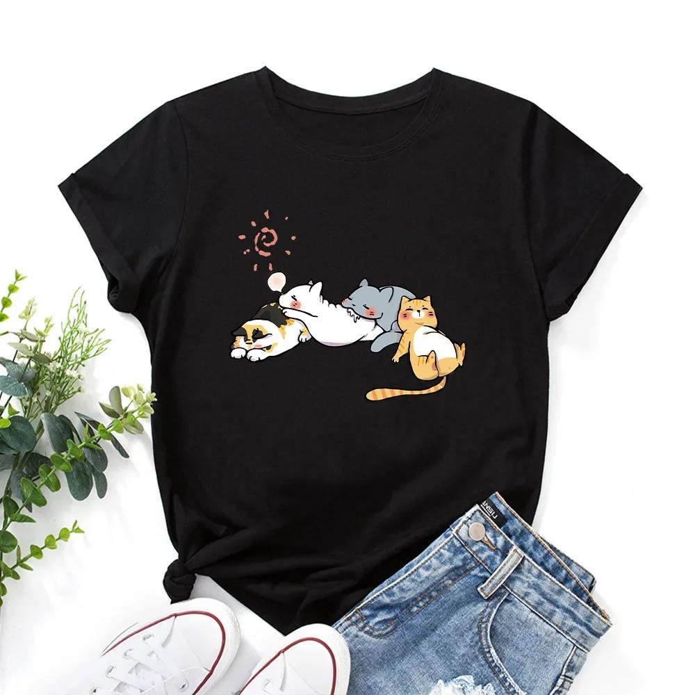 

Women Tshirt Cute Sleeping Cat Graphic Print Loose Tees Shirt Short Sleeve Round Neck Women Tshirt Casual Summer Female Tops S