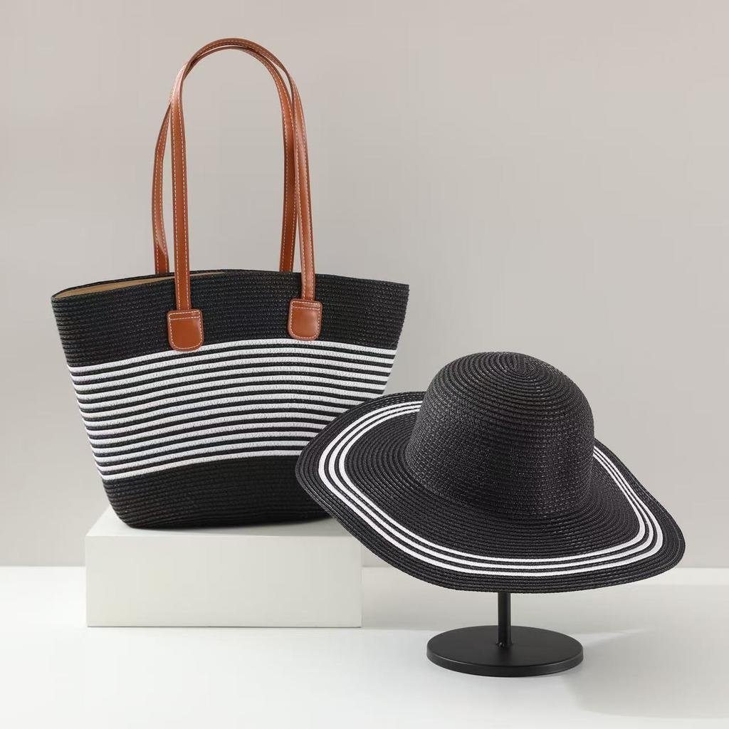 1 Conjunto Chapéu de Sol Estilo Boêmio Feminino + 1 Bolsa de Ombro, Estilo Férias, Chapéu de Palha de Ombro Bolsa Tote de Praia para Viagem de Verão Férias