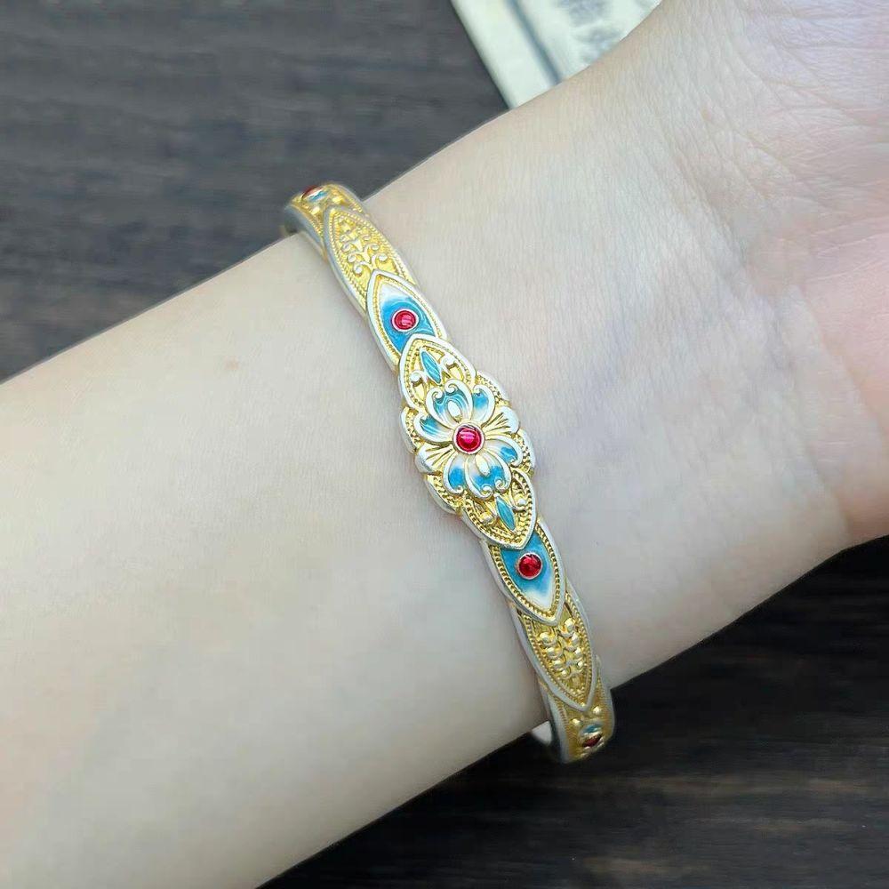 Flower Enamel Lotus Hand Bangle Hand Jewelry Retro Opening Hand Ring  Student