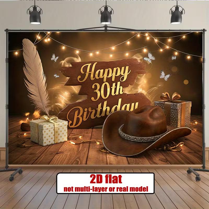 2D "Happy 30th Birthday" Backdrop Fairy Light & Cowboy Hat Background Cloth Party Decoration