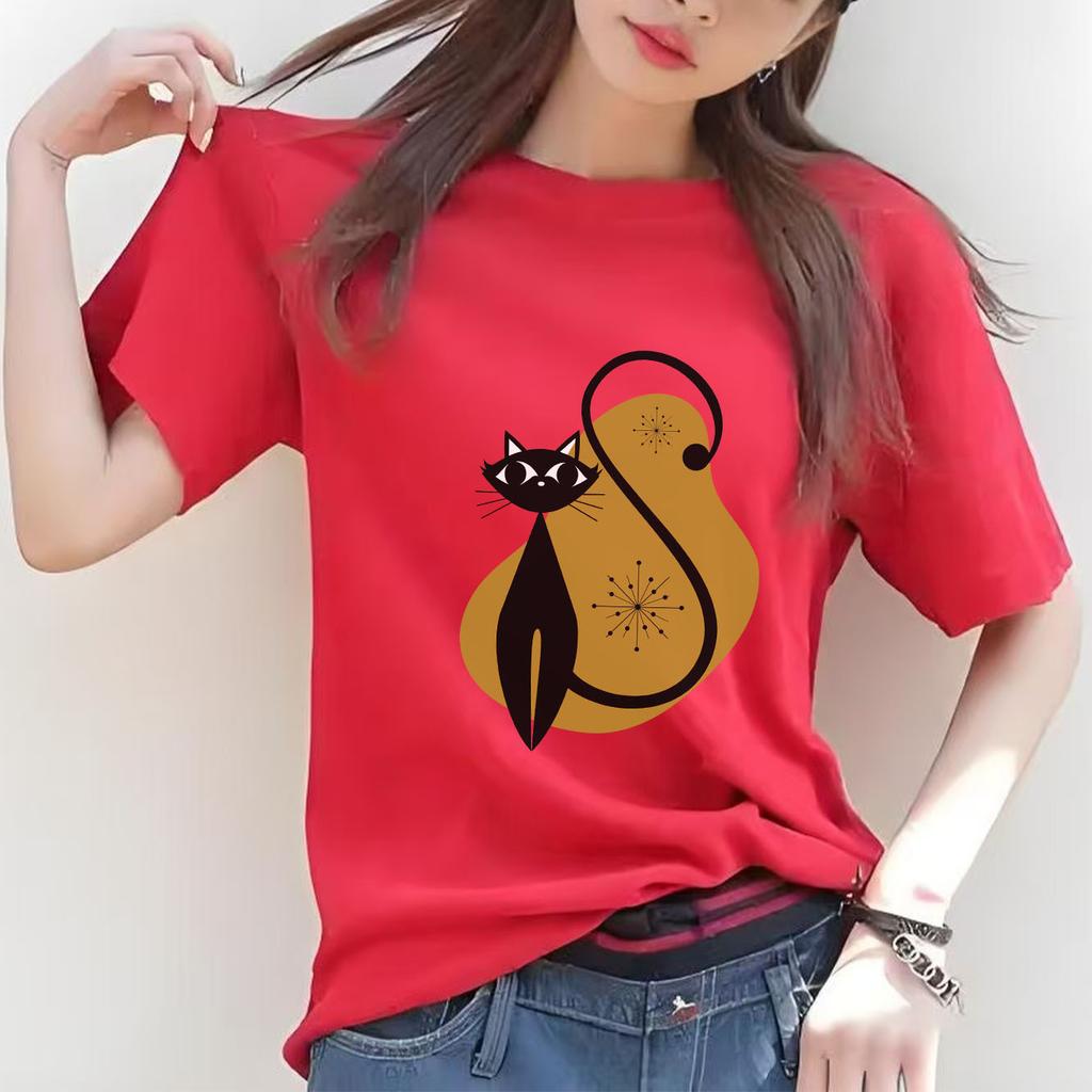Fashionable Cat Print Pattern Tshirt Casual Short Sleeved Round Neck Top Versatile Womens Tshirt Suitable for All Seasons