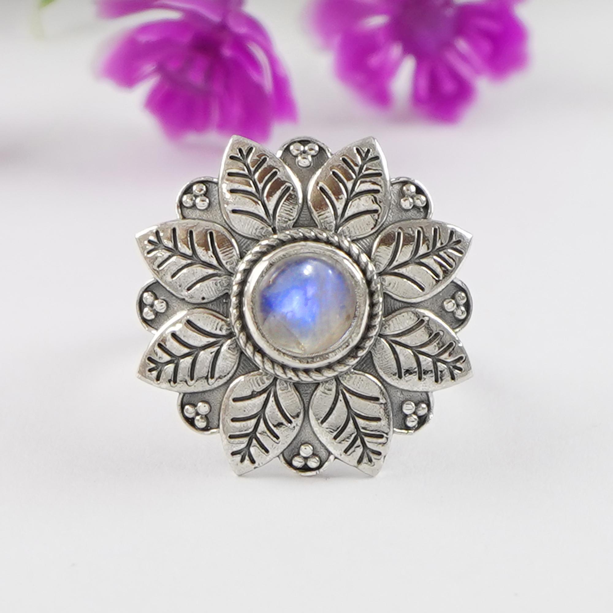 

Flower Design Moonstone Ring, 925 Sterling Silver Ring, Round Gemstone Ring, Wedding Ring, Handmade Ring 12