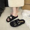 2025 autumn new belt buckle thick bottom fluffy slippers women wear warm Korean version one word lazy cotton slippers tide
