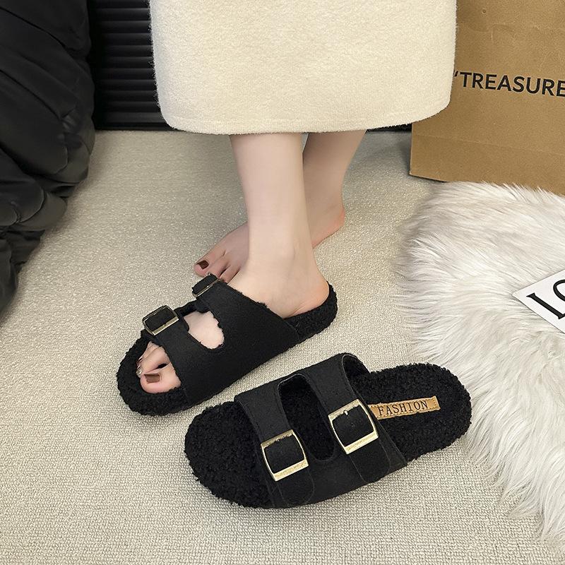 2025 autumn new belt buckle thick bottom fluffy slippers women wear warm Korean version one word lazy cotton slippers tide