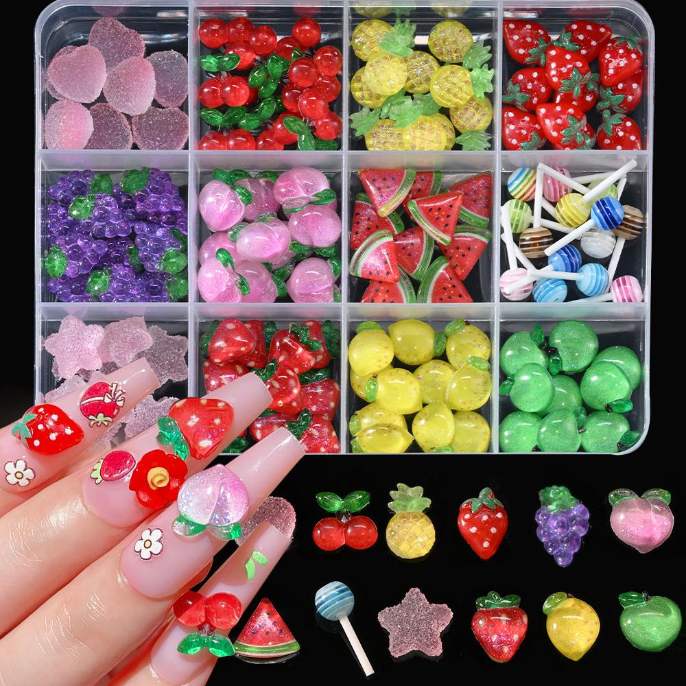 12Grids/Box Mixed Resin Bowknot Nail Charms 3D Colorful Bow Kawaii Rhinestone Nail Art Decorations DIY Manicure Parts Pen Tweeze