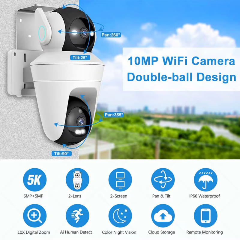 LS VISION 5K 10MP Wifi IP Camera 10X Zoom Dual Lens Outdoor PTZ Security Camera Auto Tracking Smart Home CCTV Cam 360° Video Surveillance
