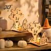 Natural Wood Carving Ornament Halloween Candle Holder, Spooky Pumpkin Bat Shadow Tealight Decorative Wooden Lantern Vintage Candlestick for Party Home