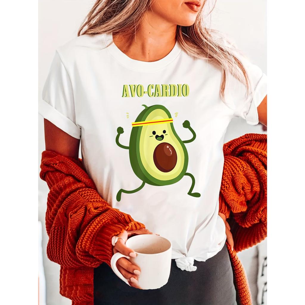 Women's Avocado Fitness Cartoon Print T-Shirt - Short Sleeve Crew Neck Casual Top