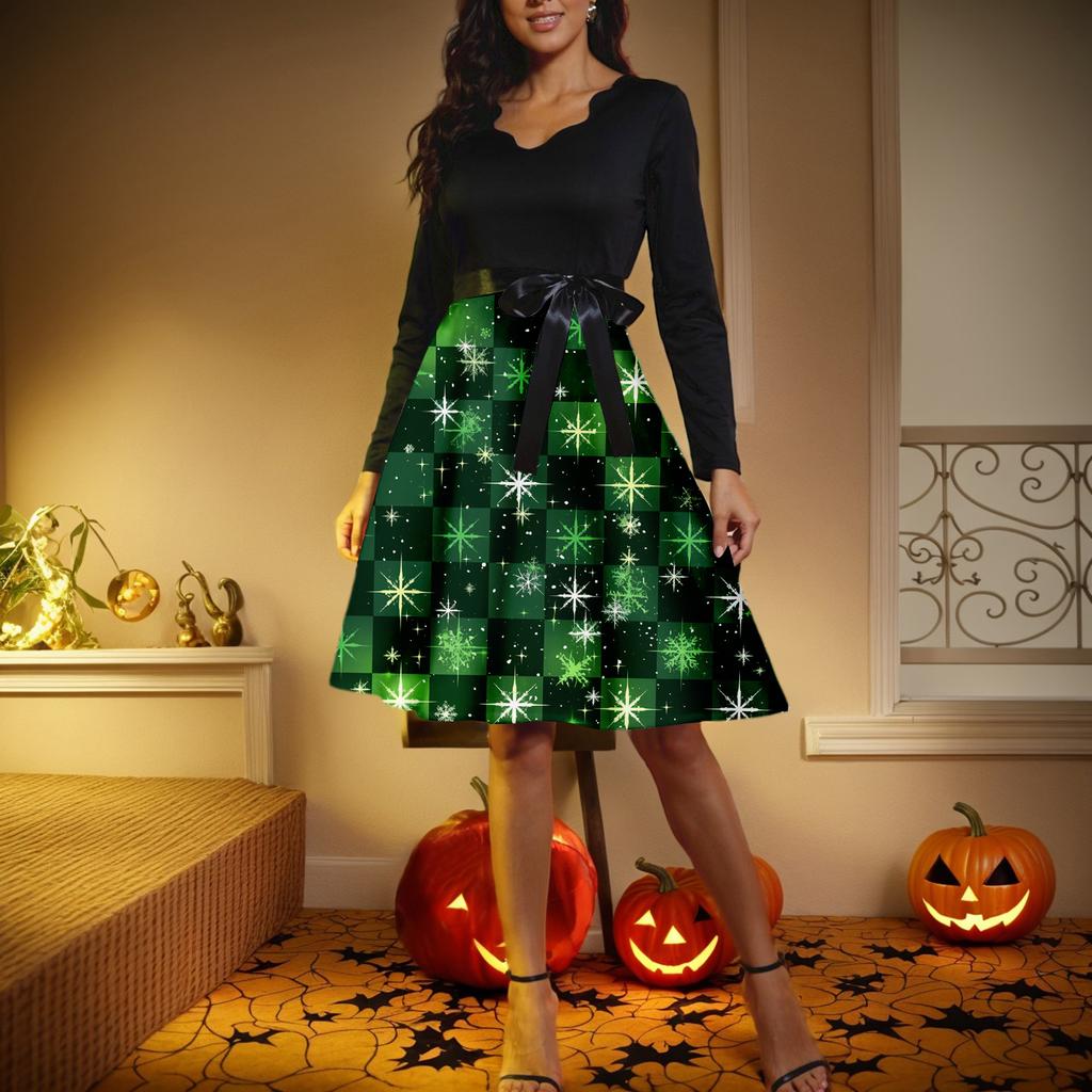 Women's Casual Fashion V-neck Long Sleeved Retro Christmas Print Retro Dress