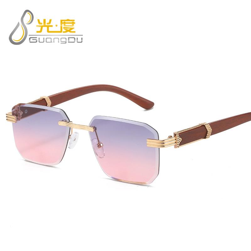 Arrow Wood Grain Legs Frameless Trimmed Sunglasses Women, Irregular Square Sunglasses Retro Sunscreen Glasses