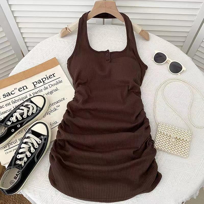 Sexy Spice Girl Fashion Neck Dress with Chest Pad Women's Summer New Slim Folds Buttocks Sleeveless Short Skirt