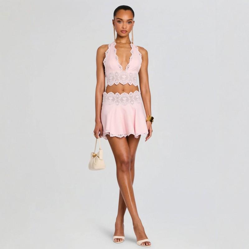 2026 Pink Lace Two-Piece Set Deep V-Neck Backless Crop Top High Waist A-Line Skirt Sweet Style
