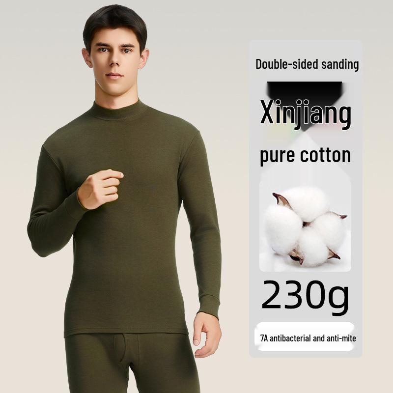 Men's 100% Cotton High-Neck Knit Thermal Set: Antibacterial Top & Bottoms, Plus Sizes