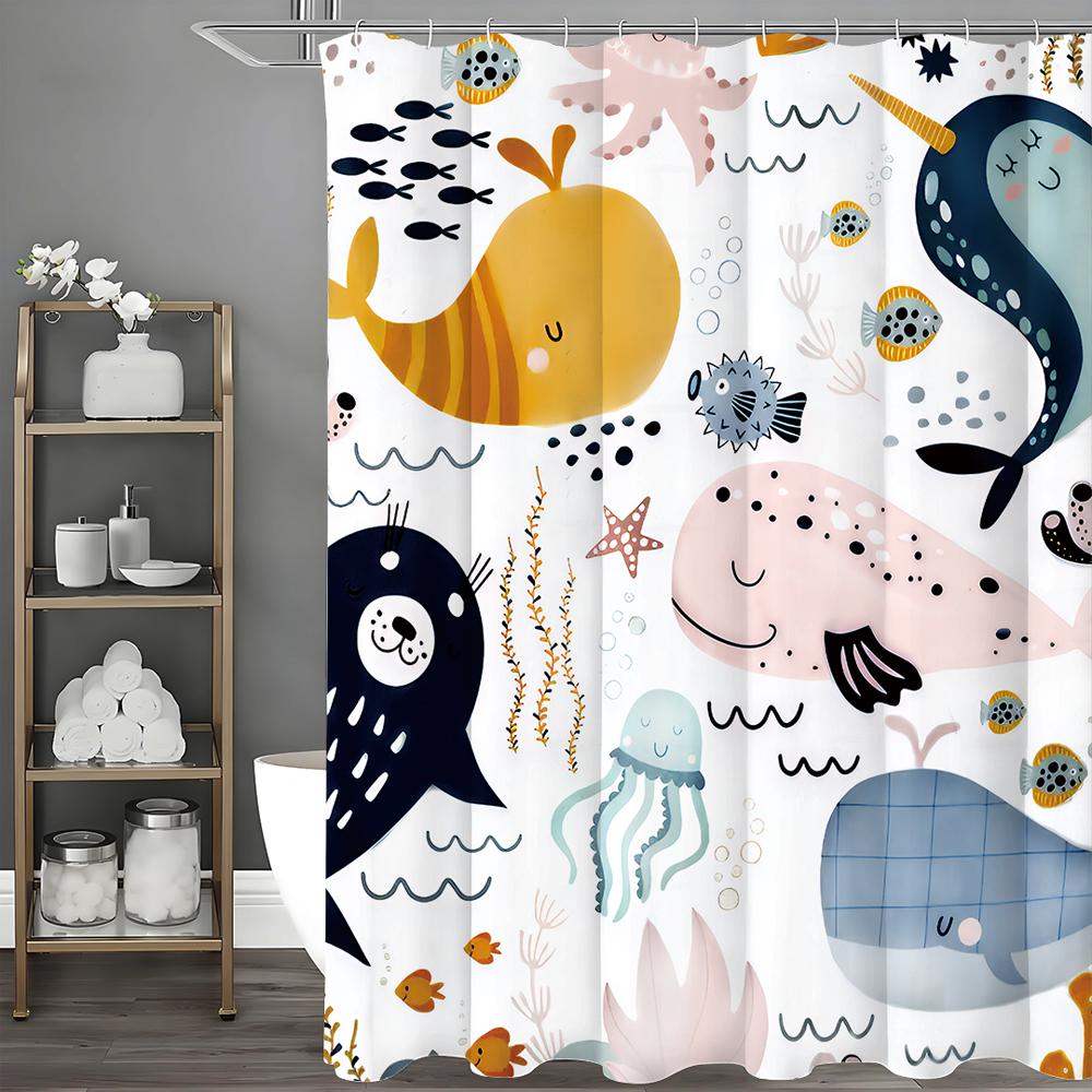 

Мультяшный кит медуза маленькая рыбка кресс-салат коралл занавеска для душа, декоративная занавеска для душа для ванной комнаты, водонепроницаемая занавеска для душа 90*180cm
