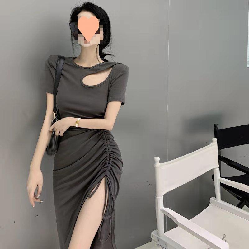 Fried Street Fishtail Drawstring Split Dress Women's Summer New Medium and Long Temperament Waist and Hip Skirt