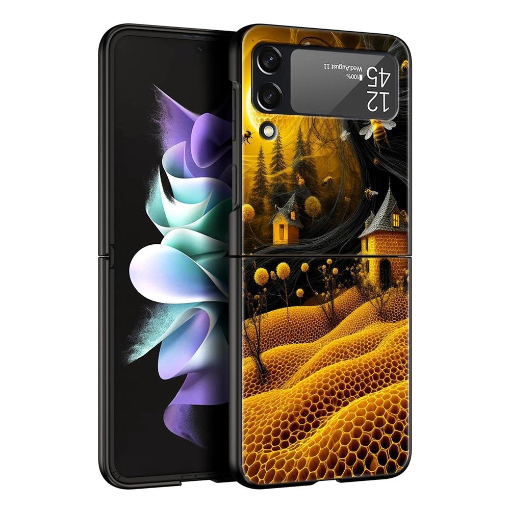 Honeybee Flower Pattern Hard PC Phone Case For Samsung Galaxy Z Flip 7 6 5 4 Black Cover For Galaxy Z Flip 3 Foldable Shell Bags