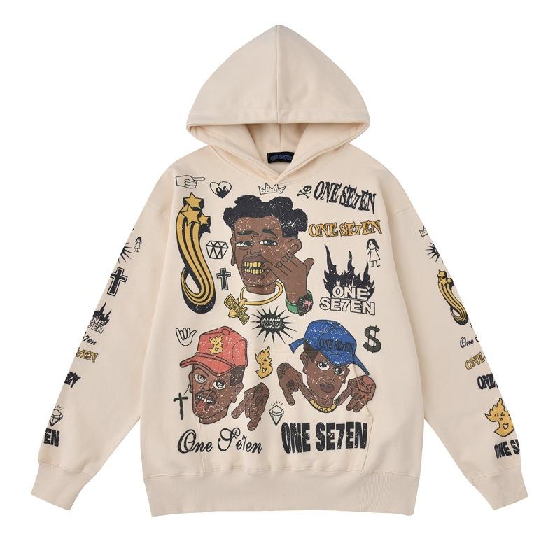 Trendy Brand Hooded Sweatshirt American Hip Hop Vintage Top Graffiti Print Couple Hoodie Loose For Men And Women