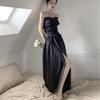 Plaid Strapless Dresses Women Side-slit Midi Summer All-match Korean Style Fairycore A-line Daily Long Dress