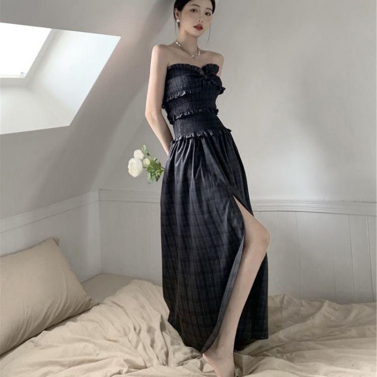 Plaid Strapless Dresses Women Side-slit Midi Summer All-match Korean Style Fairycore A-line Daily Long Dress