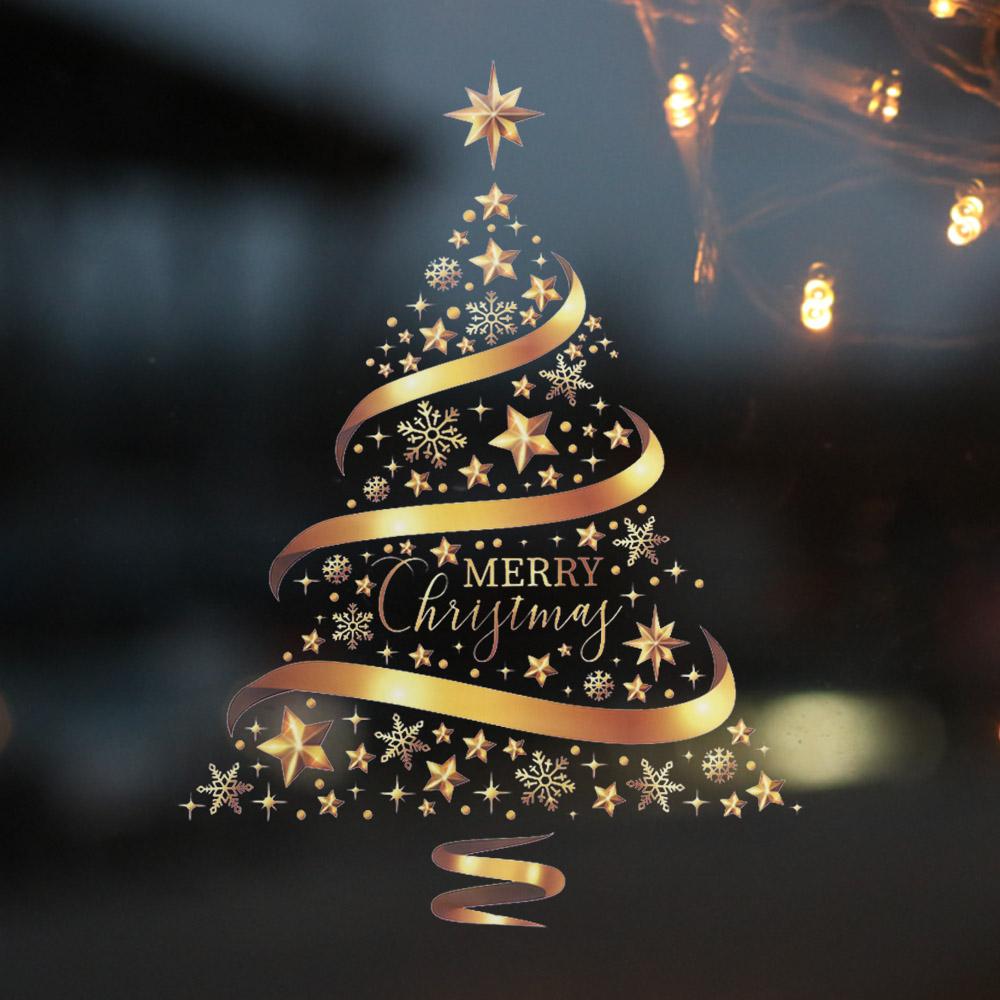 Large Christmas Tree Window Stickers Golden Wallpaper Home Decoration Xmas Decals  Holiday