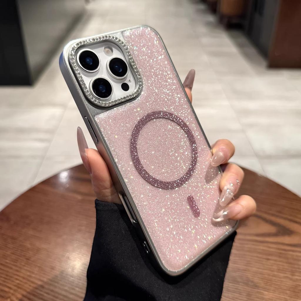 Applicable to iPhone16promax mobile phone case electroplating glitter magnetic suction Apple 17 flash diamond lens anti-drop protective cover