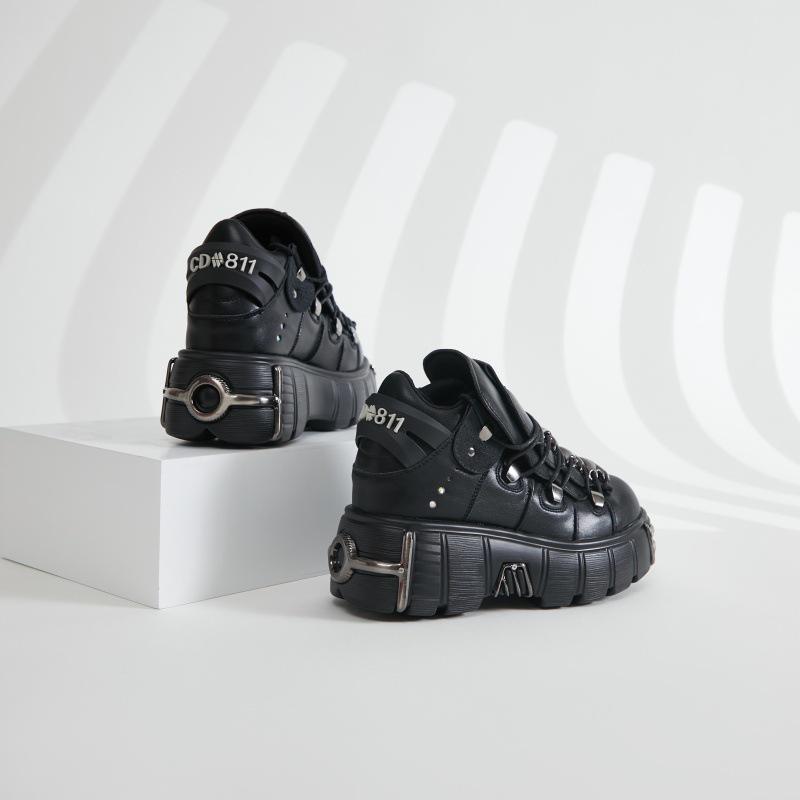 2024 Fall/Winter Women's Thick-Soled Punk Leather Shoes - Dark Low-Top Motorcycle Boots