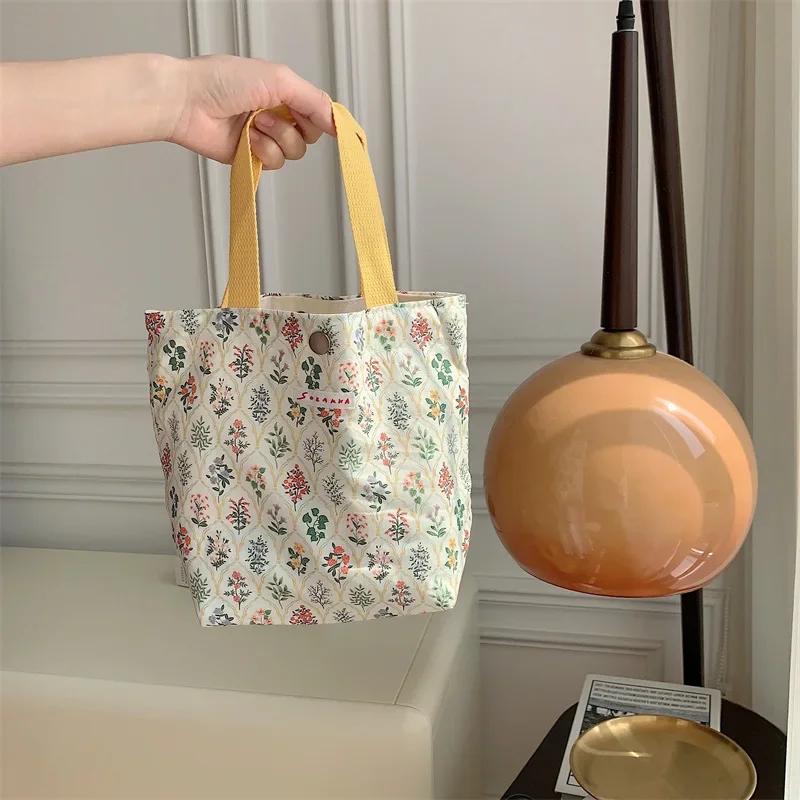 Korean Cloth Handbags Lunch Box Bag Women's Beauty Flower Canvas Bag Outside Shopping Toiletry Phone Oagnzier Storage Bags