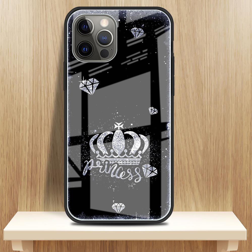 Diamond Crown Printing Glass Case For iPhone 11 13 12 14 Pro XR X XS Max 7 8 6 6S Plus SE 2020 Tempered Black Edge Phone Covers