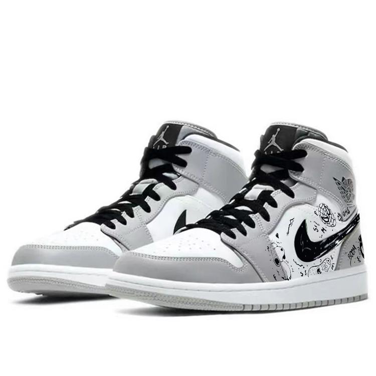 Jordan Air Jordan 1 Cushioning Slip Resistant Mid top Vintage Basketball Shoes Men's Gray White 554724-092(Team366-)