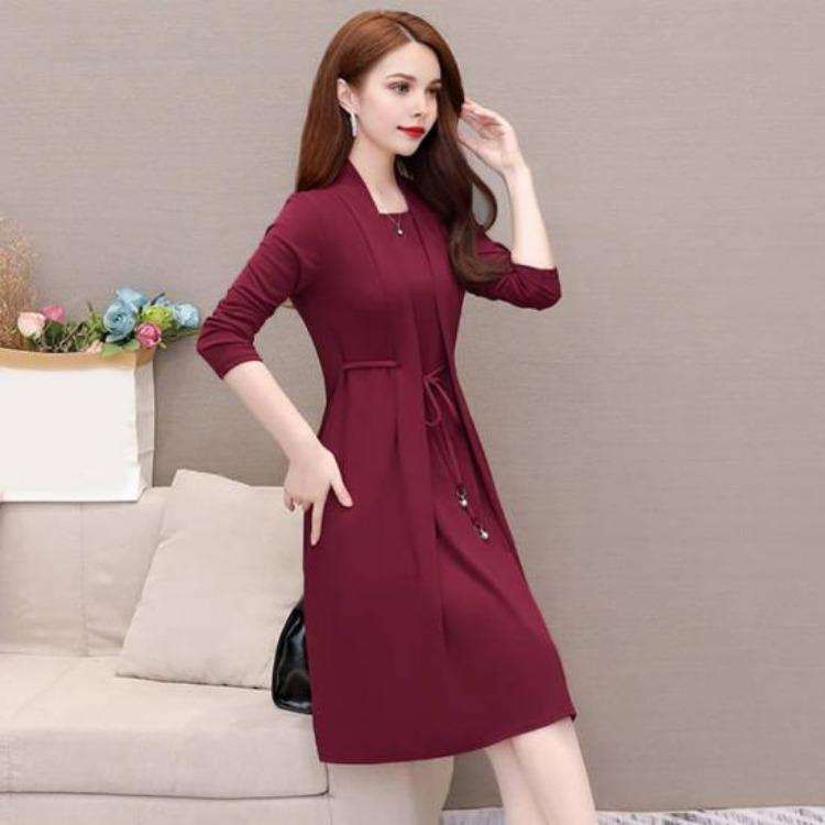 Elegant Plus Size Lady Dress Formal Office Commuting Midi Dress Long Sleeve A-line Lace-up Strap Fake Two-piece Style