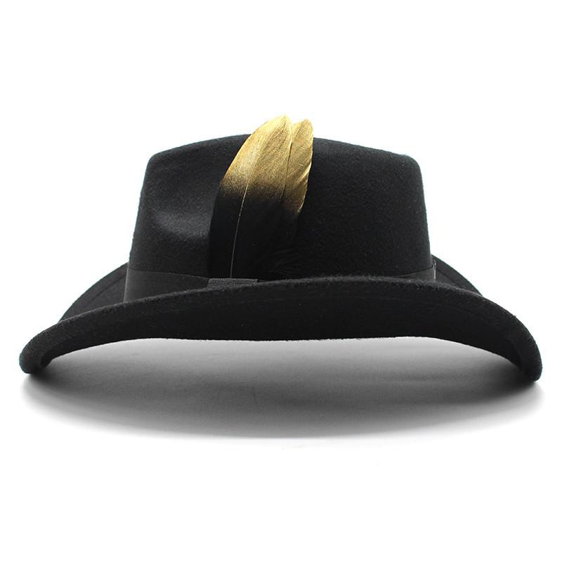 Western Cowboy Hat Feather Woolen Jazz Top Hat Men And Women Ethnic Style Felt Hat Big Eaves Hat
