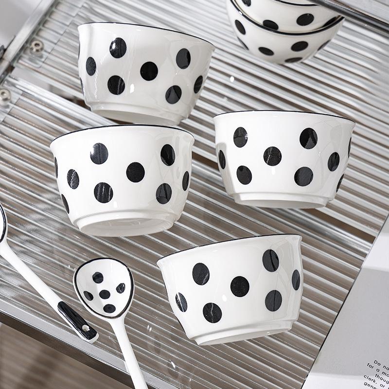 Hepburn-Style Polka Dot Korean Ceramic Bowl Set