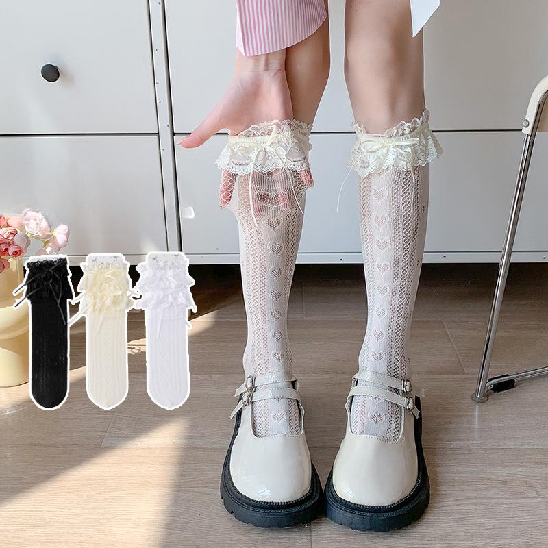 Lace Bow Socks for Women Spring and Summer, Thin Lolita Mid-calf White Ballet-style Mary Jane Pile Socks
