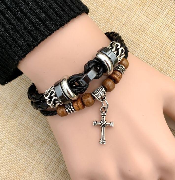 Braided Wrap Leather Bracelets for Men Vintage Charm Beads Wristband Rope Bracelet
