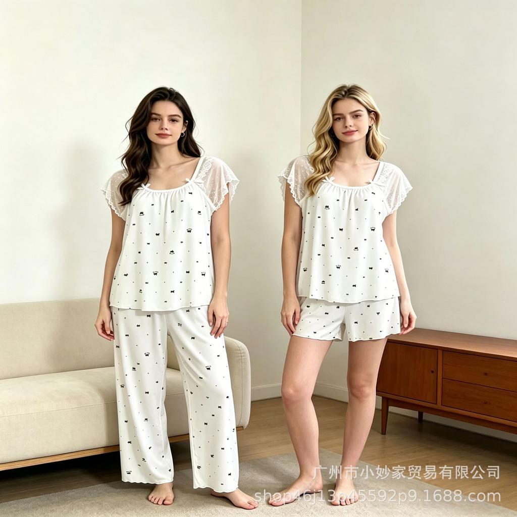 Popular women's pajamas set, lace splicing printing, casual and sweet loungewear three-piece set